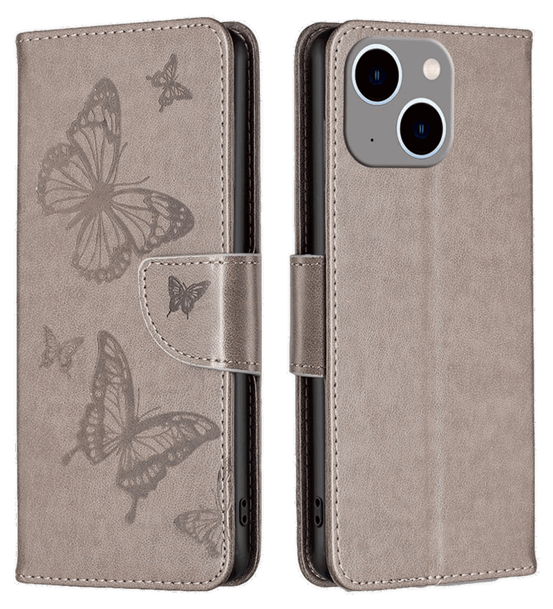 Papillo Læder Flip Cover til iPhone 14 Plus-Grå