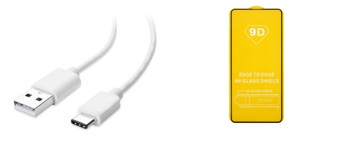 Pakke m. Oplader kabel til Samsung Galaxy A51 & 3D Skærmbeskyttelse / Hærdet Beskyttelsesglas til Samsung Galaxy A51