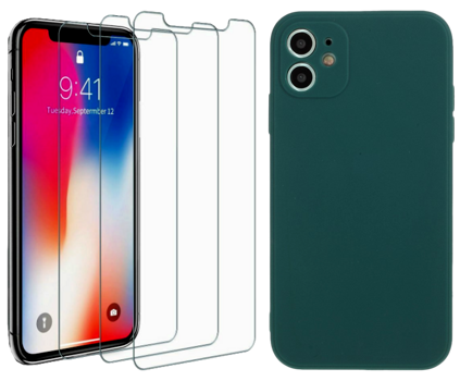 Soft Matte TPU Cover i Mørkegrøn & 3 Stk Beskyttelsesglas / Skærmbeskyttelse / Glas til iPhone 11