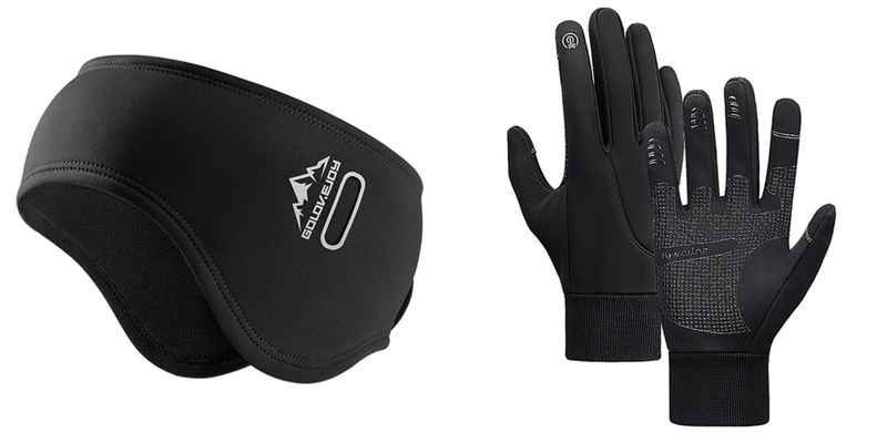 Pakke m. 1stk Varmt og Vindtæt Pandebånd til Sport, med Ekstra Ørevarme og Huller til Briller-Sort & 1stk Vandtætte Vinterhandsker til Cykling og Løb, Handsker med Touch-Medium
