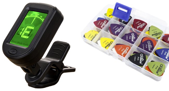 Pakke m. Digital Guitarstemmer m. Clips & 24-Pak Guitarplekter