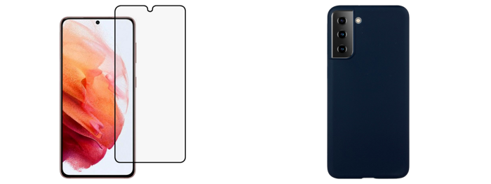 Pakke m. 3D Skærmbeskyttelse / Hærdet Beskyttelsesglas til Samsung Galaxy S21 & Soft Matte TPU Cover til Samsung Galaxy S21 Mørkeblå