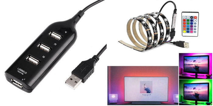 USB Hub m. 4 USB Porte & 2 Meter LED Strips / Lysbånd m. Selvklæb & Fjernbetjening