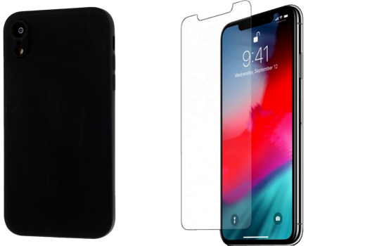 Pakke m. Soft Matte TPU Cover til iPhone XR Sort & Skærmbeskyttelse / Hærdet Beskyttelsesglas til iPhone XR