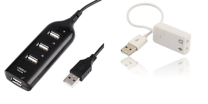 Pakke m. USB Hub m/ 4 Port & USB til 3.5 mm Headset & Mikrofon Adapter