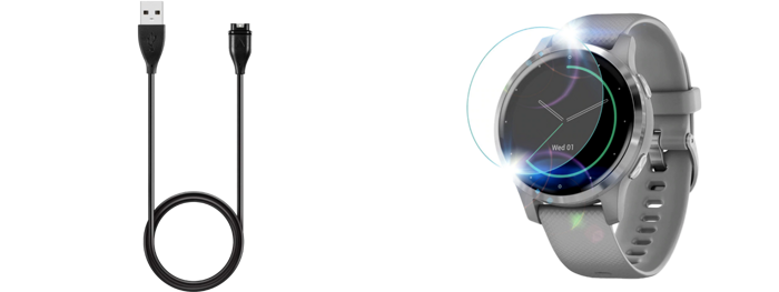 Pakke m. Oplader Kabel til Garmin Vivomove 3 / 3S & Vivoactive 4 / 4 45mm / 4S & Beskyttelsesfilm til Garmin Vivoactive 4S