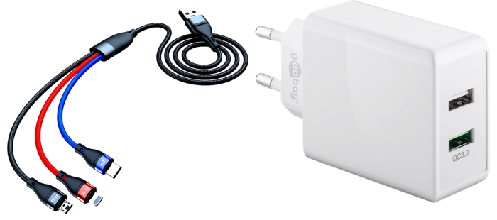 Pakke m. 3-i-1 Oplader (Lightning, Micro USB, USB-C) & Dobbelt USB Hurtig Oplader til Stikkontakt