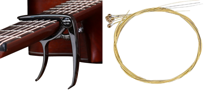 Pakke m. Clip-On Guitar Capo & 6-Pak Guitarstrenge