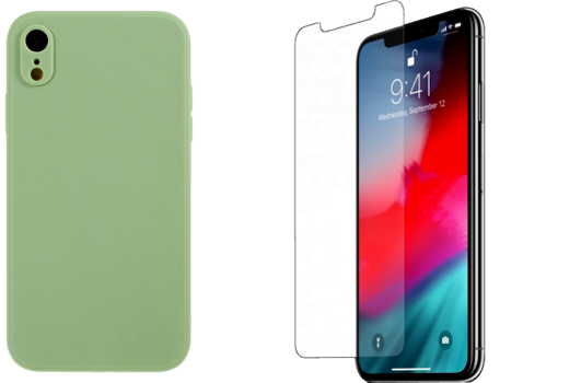 Pakke m. Soft Matte TPU Cover til iPhone XR Grøn & Skærmbeskyttelse / Hærdet Beskyttelsesglas til iPhone XR