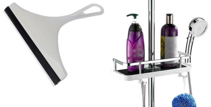 Pakke m. Skraber til Badeværelse, Vinduer m.m. & Brusehylde / Shampoo Holder med Kroge til Badet