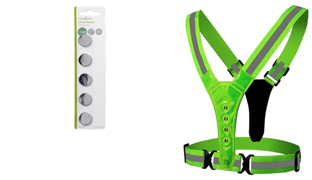 Pakke m. 5-Pak CR2032 Knapcelle Batterier & Justerbar Refleksvest med LED Lys