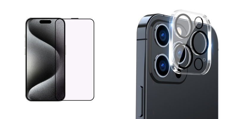Pakke m. 1x 3 stk iPhone 15 Pro Beskyttelsesglas / Skærmbeskyttelse / 3D Glas & 1stk iPhone 15 Pro / Pro Max Kamera Skærmbeskyttelse / Beskyttelsesglas