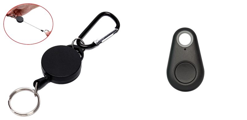 Pakke m. 1x 2 stk Udtrækkelig Nøglering med Yoyo-Snor & Karabinhage & 1stk Bluetooth Nøglefinder til fx. iPhone & Samsung-Sort