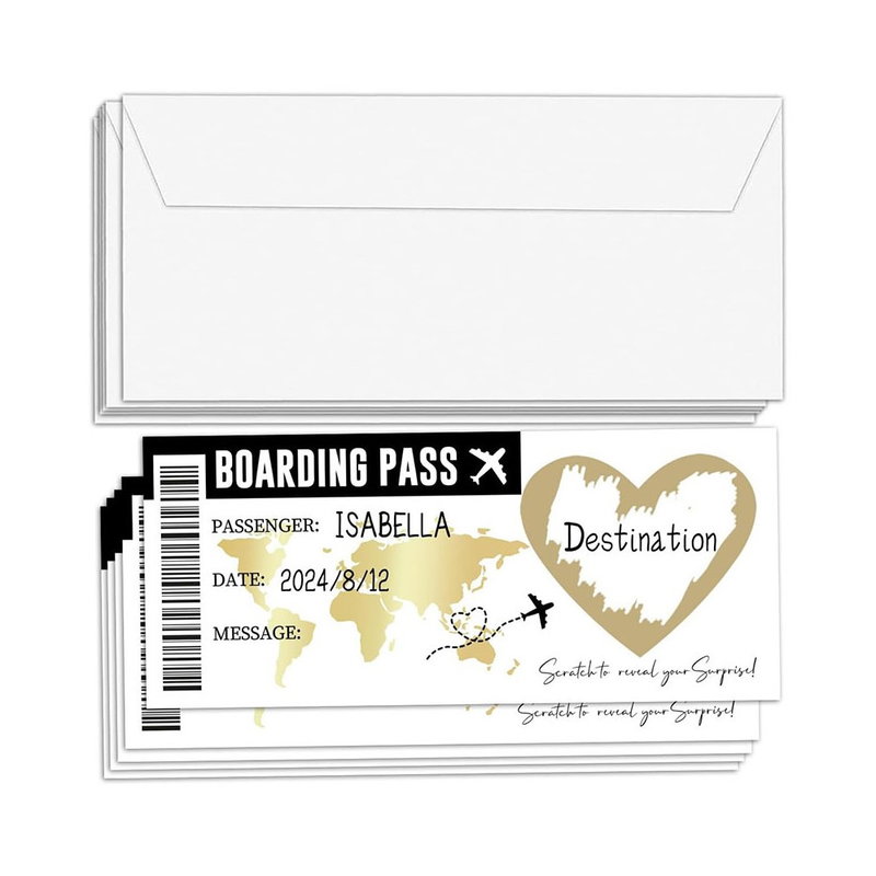 Overraskelseskort med Skrabefelt – Boarding Pass Design (5 stk.)