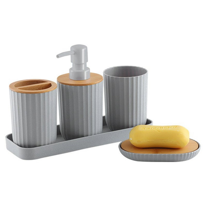 Badeværelsessæt i bambus og plast – 5 dele med sæbedispenser, tandkrus, tandbørsteholder, sæbeskål og bakke - Grå