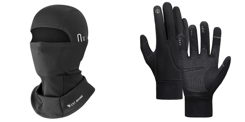 Pakke m. 1stk Vindtæt Elefanthue / Hjelmhue og Halsedisse til Løb og Cykel i Fleece-Sort & 1stk Vandtætte Vinterhandsker til Cykling og Løb, Handsker med Touch-Medium