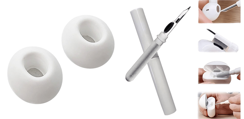 Pakke m. 1x 2x Ørepropper til Apple AirPods Pro Hvid & 1stk Multiværktøj til iPhone, Headset & Airpods Rengøring