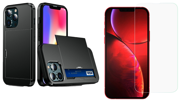 Pakke m. Slide Kortholder Cover til iPhone 13 Sort & Skærmbeskyttelse / Hærdet Beskyttelsesglas til iPhone 13