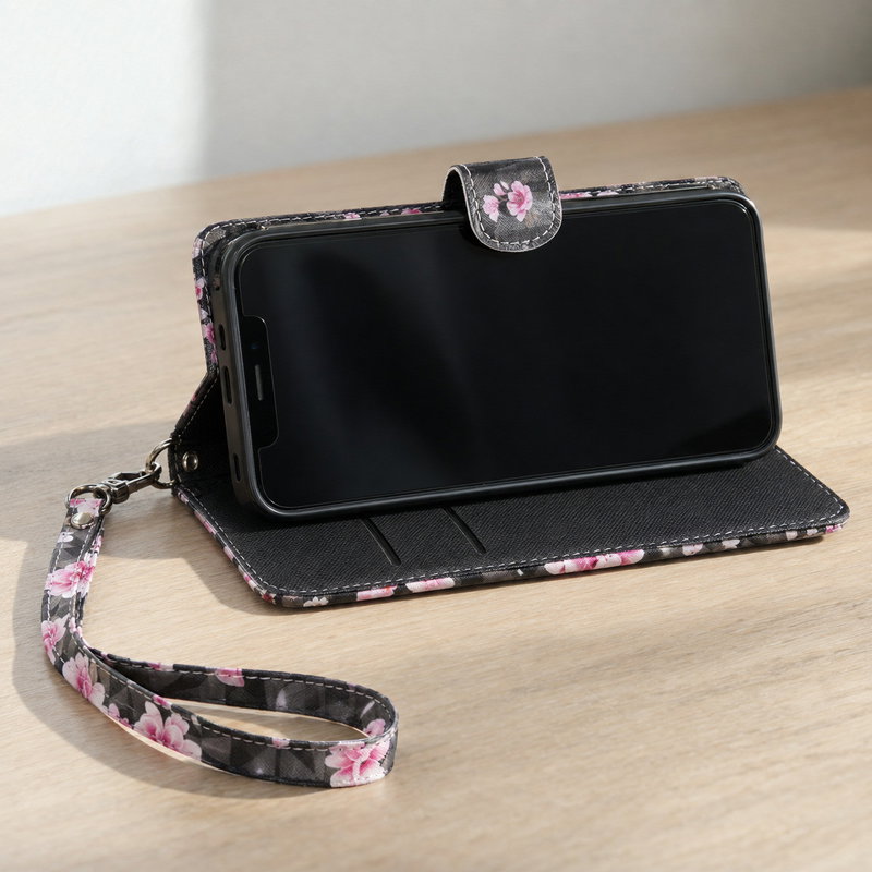 iPhone 12 Mini Flip Cover med kortholder - blomstermotiv - Sort
