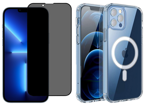 Pakke m. Skærmbeskyttelse / Privacy Glas til iPhone 14 & Gennemsigtigt Cover med MagSafe til iPhone 14