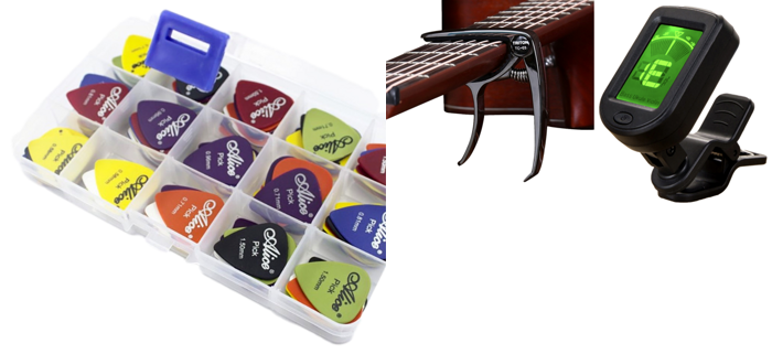 Pakke m. 24-Pak Guitarplekter & Clip-On Guitar Capo & Digital Guitar Tuner med Klemme