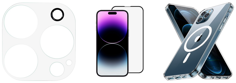 iPhone 14 Pro Beskyttelsespakke - Beskyttelsesglas / Skærmbeskyttelse / Kamerabeskyttelse & Gennemsigtigt Cover m. MagSafe