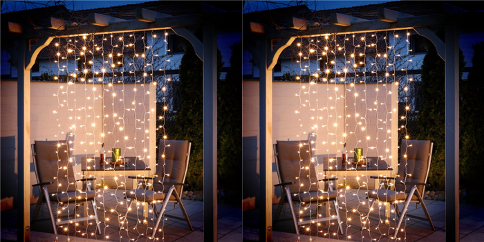 2x Dæmpbar Lyskæde Gardin med Fjernbetjening, 300 LED i Varm Hvid - 1,1 Meter