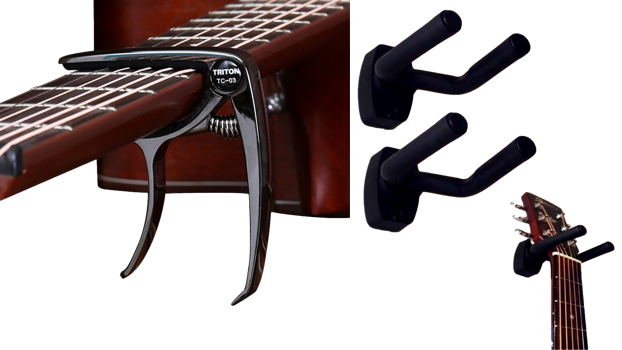 Pakke m. Clip-On Guitar Capo & 2 Stk Guitar Ophæng til Væg med Skruer