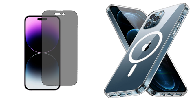 Pakke m. Skærmbeskyttelse / Privacy Glas til iPhone 14 Pro & Gennemsigtigt Cover med MagSafe til iPhone 14 Pro