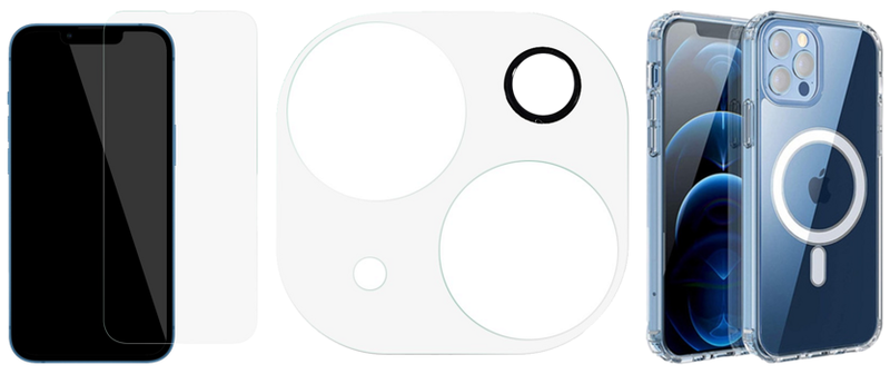 iPhone 14 Beskyttelsespakke - Gennemsigtigt Cover med MagSafe, Skærmbeskyttelse / Beskyttelsesglas til Skærm & Skærmbeskyttelse / Beskyttelsesglas til Kamera