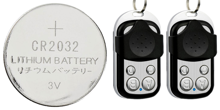 Pakke m. CR2032 Knapcelle Batteri & 2 stk Universel Kodekloner – Fjernbetjening til fx. Garageporte