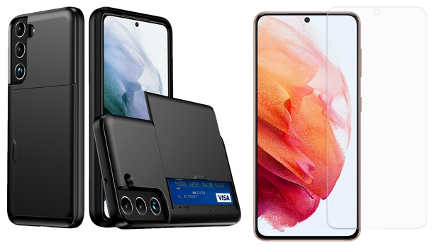 Pakke m. Slide Kortholder Cover til Samsung Galaxy S22 & Skærmbeskyttelse / Hærdet Beskyttelsesglas til Samsung Galaxy S22