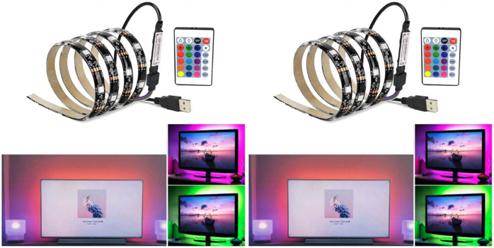 2 Stk 1 Meter LED Strips / Lysbånd til Værelse, PC & TV m. Fjernbetjening