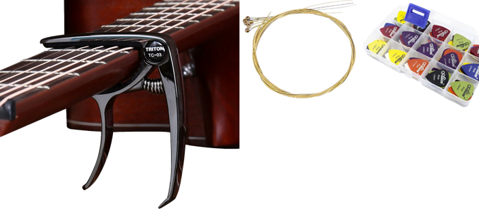 Pakke m. Clip-On Guitar Capo & Tilbehørspakke til Guitar - 6 Stk Guitarstrenge & 24 Stk Guitarplekter