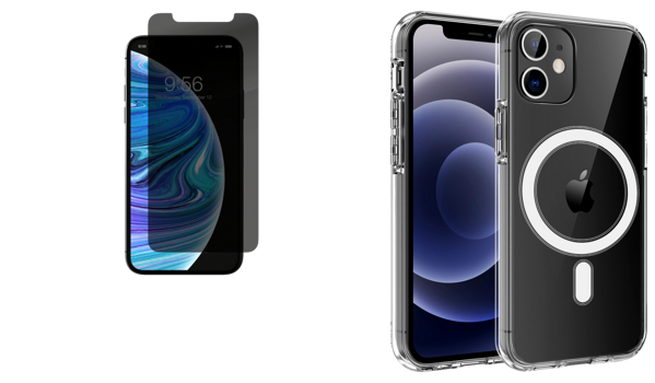Pakke m. Skærmbeskyttelse / Privacy Glas til iPhone 12 Mini & Gennemsigtigt Cover med MagSafe til iPhone 12 Mini