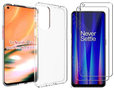 Pakke m. Transparent TPU Cover til OnePlus Nord 2 5G & 2 Stk Beskyttelsesglas / Skærmbeskyttelse / Glas til OnePlus Nord 2 5G