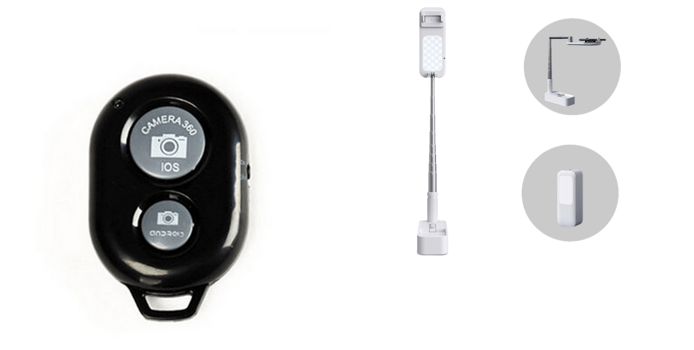 Pakke m. Bluetooth Udløser til Selfie Stang / Mobilkamera & Mobil Stativ m. Lys, Mobilholder & Fjernudløser - Flex Arm & Fod