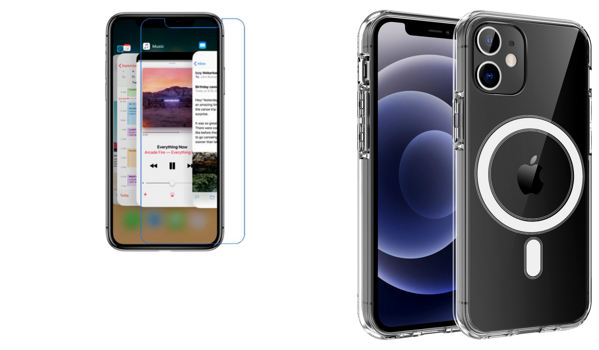 Pakke m. Skærmbeskyttelse / Hærdet beskyttelsesglas til iPhone 12 Mini & Gennemsigtigt Cover med MagSafe til iPhone 12 Mini
