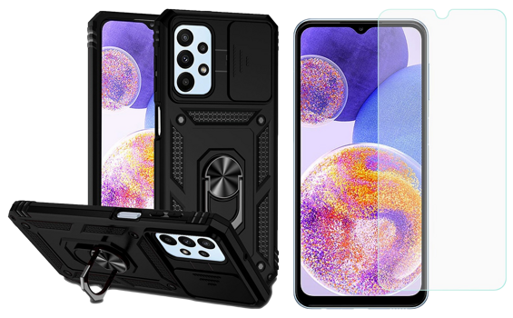Pakke m. Armor Hybrid Cover til Samsung Galaxy A23 & Skærmbeskyttelse / Beskyttelsesglas / Hærdet Glas til Samsung Galaxy A23