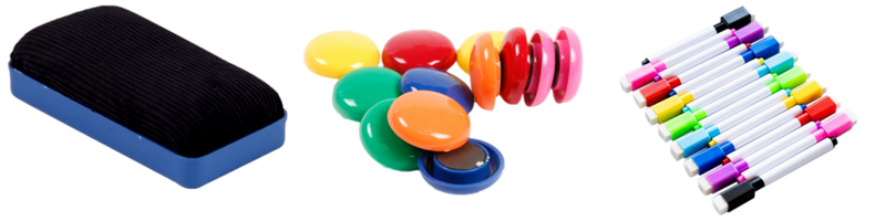 Pakke m. Magnetisk Tavlesvamp til Whiteboard & 12stk Multifarvede Magneter & 8-Pak Magnetiske Whiteboard Tusser