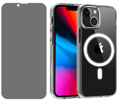 Pakke m. Skærmbeskyttelse / Privacy Glas til iPhone 13 & Gennemsigtigt MagSafe Cover til iPhone 13