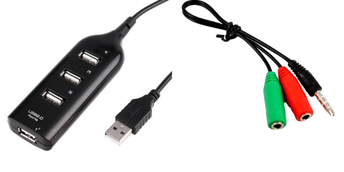 Pakke m. USB Hub m/ 4 Port & Audio 3.5mm Splitter - Adapter til Ps4 Headset