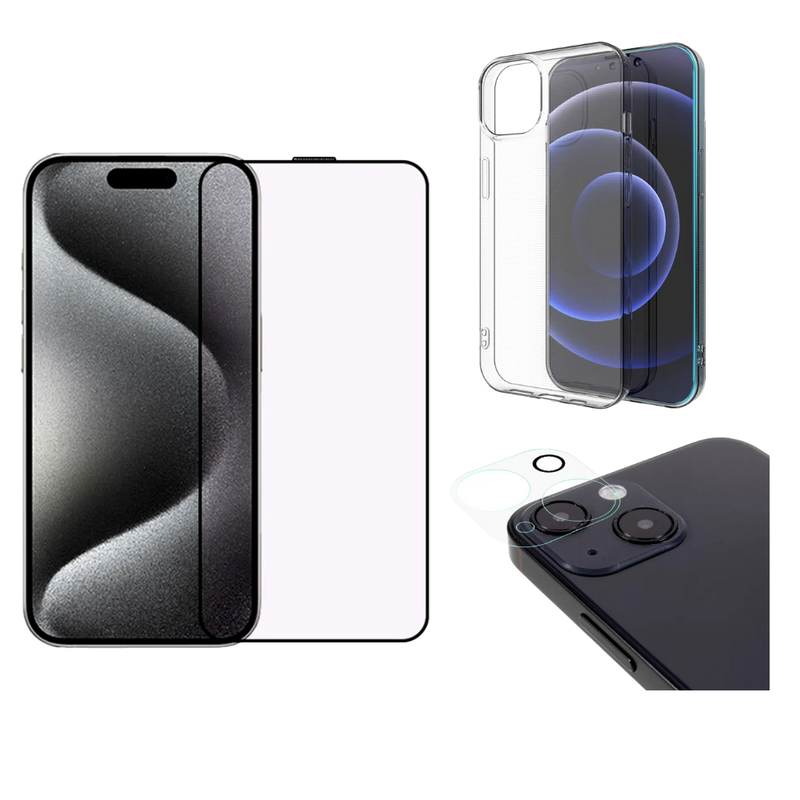 Pakke m. Transparent TPU Cover til iPhone 13 & Kamera Skærmbeskyttelse / Beskyttelsesglas til iPhone 13 & 3D Skærmbeskyttelse / Beskyttelsesglas til iPhone 13