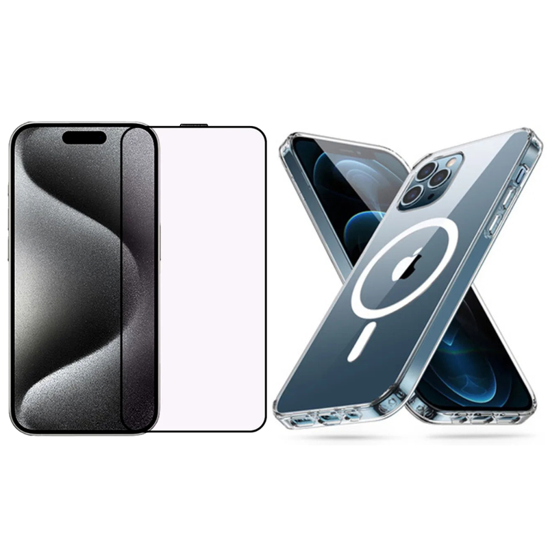 Pakke m. Gennemsigtigt MagSafe Cover til iPhone 15 Pro & Beskyttelsesglas / Skærmbeskyttelse / 3D Glas til iPhone 15 Pro