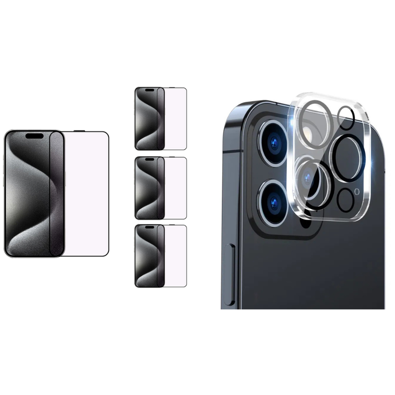 Pakke m. Kamera Beskyttelsesglas til iPhone 15 Pro / Pro Max & 3 stk Skærmbeskyttelse / 3D Glas til iPhone 15 Pro