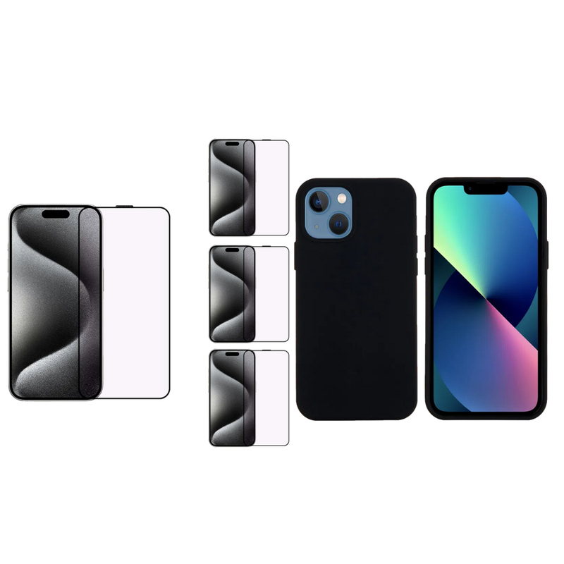 Pakke m. Soft Matte Silikone Cover til iPhone 13 Sort & 3 Stk. 3D Skærmbeskyttelse / Beskyttelsesglas til iPhone 13