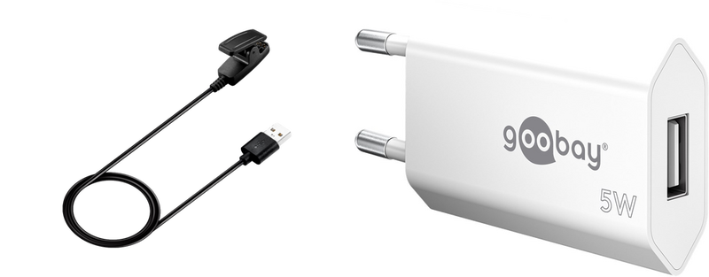 Pakke m. 1stk Oplader kabel til Garmin Forerunner 30 / 35 / 230 / 235 / 630 / 645 / 735XT / Vivomove HR & Approach S20 & 1stk USB Oplader til Stikkontakt til fx. iPhone, Samsung & iPad