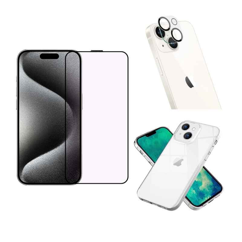 Pakke m. Gennemsigtigt Silikone Cover til iPhone 15 & Skærmbeskyttelse / 3D Glas til iPhone 15 & Kamera Beskyttelsesglas til iPhone 15 / 15 Plus