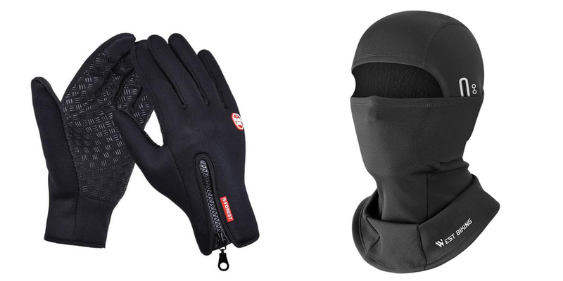 Pakke m. 1stk Vinterhandsker til Cykling, Polstrerede Fullfinger Handsker med Touch-Large & 1stk Vindtæt Elefanthue / Hjelmhue og Halsedisse til Løb og Cykel i Fleece-Sort