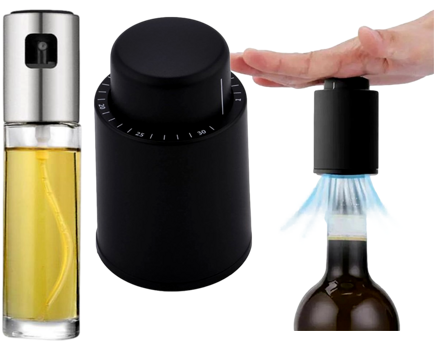 Pakke m. Sprayflaske til Olie / Marinering - 100ml & Vacuum Vinprop med Dato-mærkning